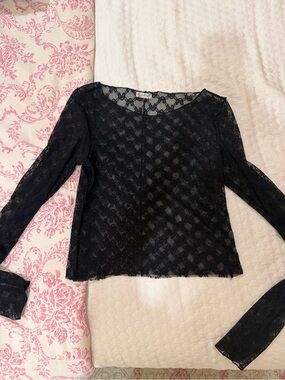 Free People Black Lace Long-Sleeve Sheer Blouse with Bow Pattern